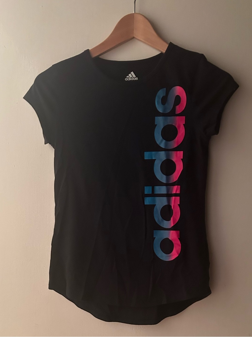 adidas Black Short Sleeve Tee with Blue-Pink Vertical Logo